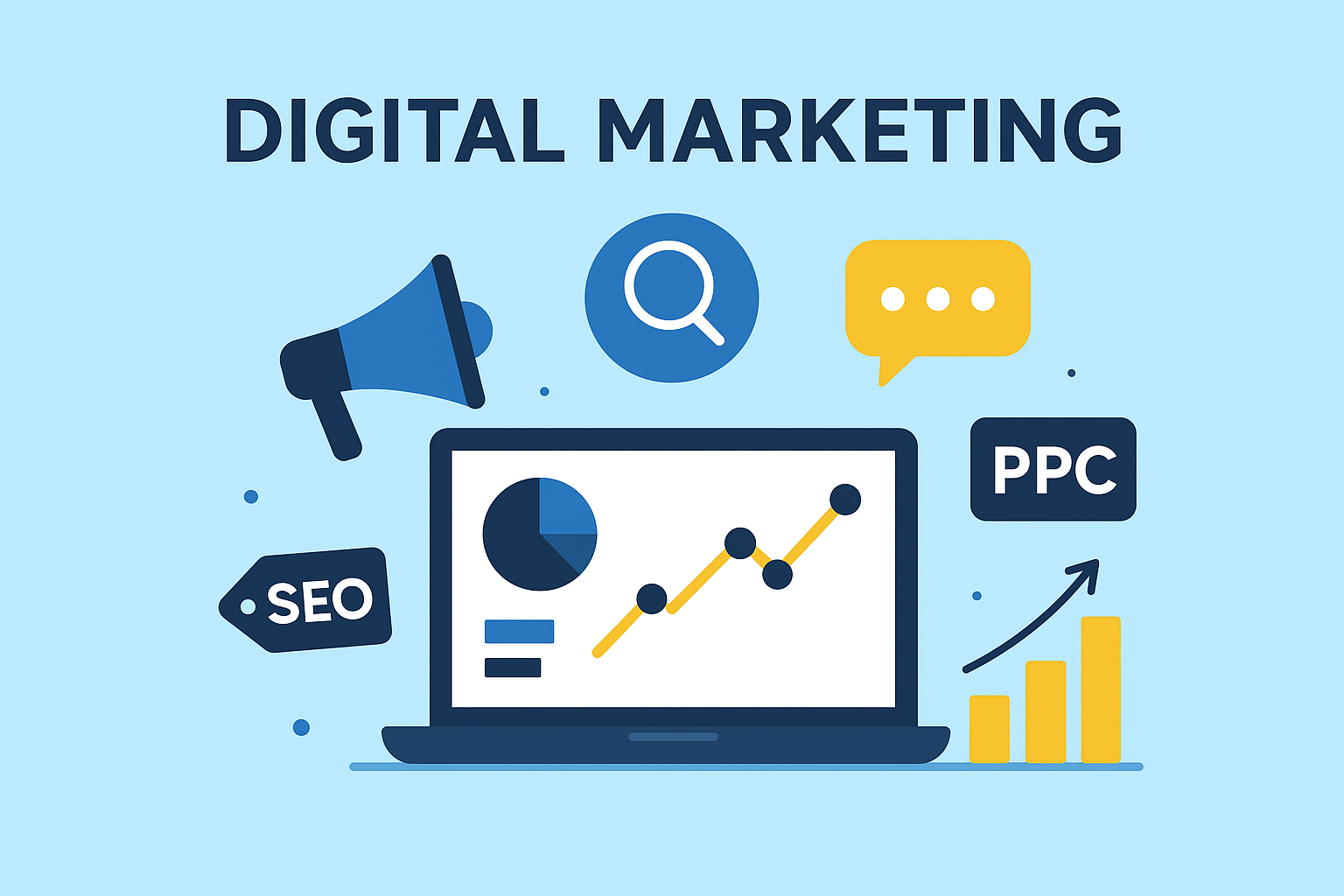 Digital marketing strategy illustration showing SEO, PPC, social media, and analytics